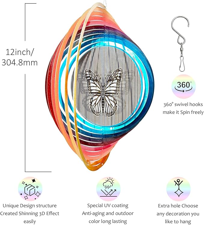 Wind Spinner Creates a Fluttering Butterfly 3D Animations Effect,Wind Spinners Ouddoor Butterfly Gift for Women/Grandma/Mom/Wife,12inch Mandala Wind Spinner Hanging Garden Yard Art Decor