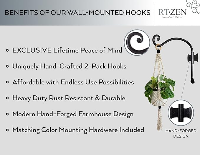 RTZEN Plant Hangers Outdoor or Indoor - Wrought Iron Metal Hanger Indoor Hook - Heavy Duty Wall Bracket Hooks for Hanging Plants Baskets Lanterns Wind Chimes - 2 Pack (Black Axe-Shape Hooks)