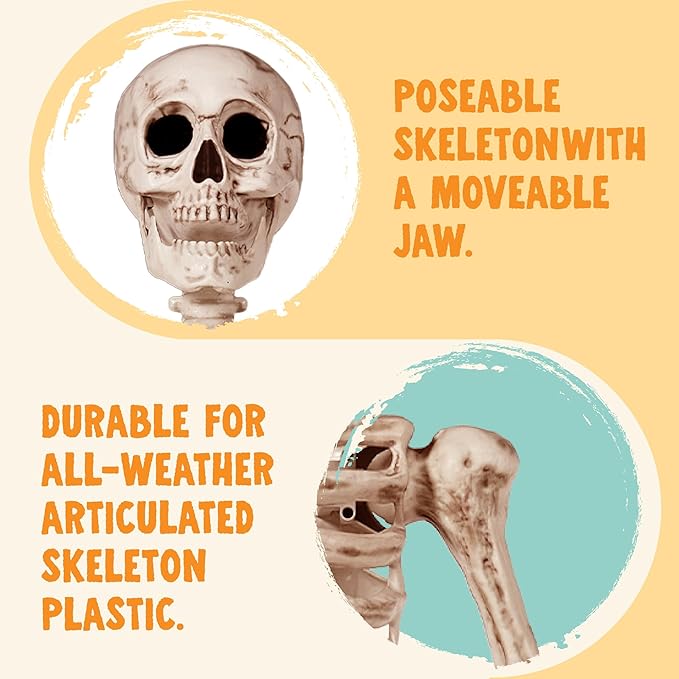 JOYIN 6.9 FT Halloween Skeleton Posable Plastic Full Body Realistic Human Bones with Movable Joints for Indoor Outdoor Halloween Props Spooky Scene Party Decorations（Yellow,No Screwdriver）