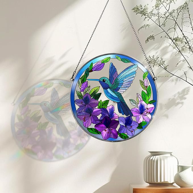 Stained Glass Sun Cather for Window Hanging, 8.6'' Hummingbird Window Ornament for Indoor Outdoor, Hand Painted Stain Glass Gift for Women, Bird Nature Lovers