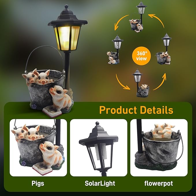 Outdoor Pigs Statues Solar Sculptures with Solar Lights and Flowerpot Funny Garden Decor Animal Figurines Resin Outdoor Statues for Patio Yard Lawn Balcony Gifts