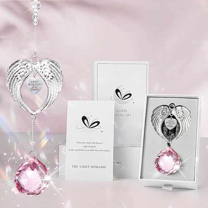 Sympathy Gift Modern Grief Gift for Lose of Loved Ones, Memorial Suncatcher with 40mm Crystal Ball, Sorry for Your Lose Rainbow Maker, Bereavement Gift Idea Angel Wings Design, Pink