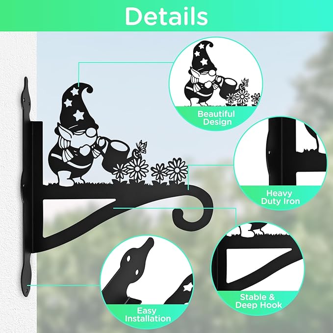 Christmas Plant Hangers Outdoor Iron Heavy Duty Ornamental Gnome Silhouette Wall Mounted Hanging Plant Bracket for Flower Pot Lantern Bird Feeder Wind Chimes Christmas Decoration