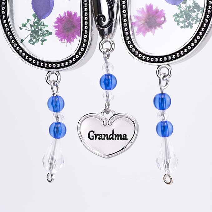 Laraine Butterfly Suncatcher with Pressed Flower Wings Mom Mother's Day Butterfly Glass Wind Chime Ornament Charm with Metal Heart Gifts for Mom Grandma Birthday (Purple Grandma (with Free Hook)