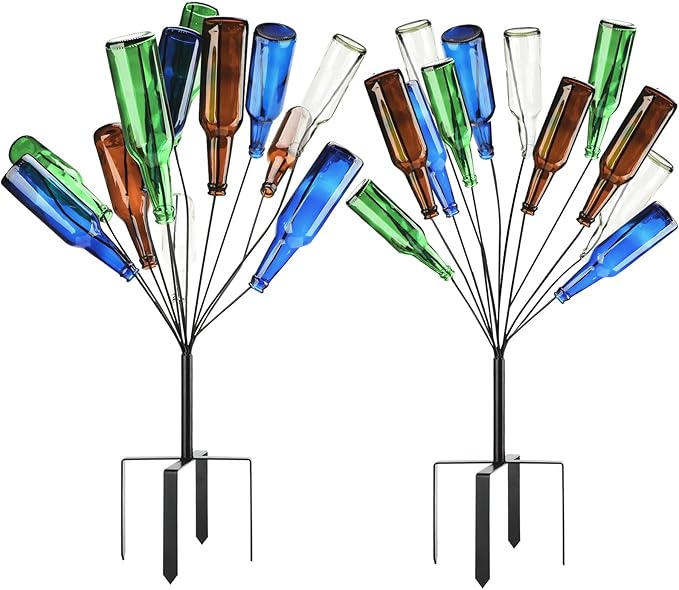 2 Pcs 12 Wine Bottle Tree Garden Outside 36 Inches Glass Bottle Tree Colorful Garden Decorative Bottle Holder Artificial Black Metal Bottle Trees for Lawn Yard Garden Outdoor Decor