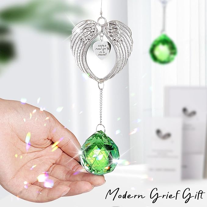 Sympathy Gift Modern Grief Gift for Lose of Loved Ones, Memorial Suncatcher with 40mm Crystal Ball, Sorry for Your Lose Rainbow Maker, Bereavement Gift Idea Angel Wings Design, Green