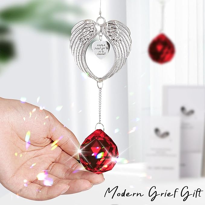 Sympathy Gift Modern Grief Gift for Lose of Loved Ones, Memorial Suncatcher with 40mm Crystal Ball, Sorry for Your Lose Rainbow Maker, Bereavement Gift Idea Angel Wings Design, Red