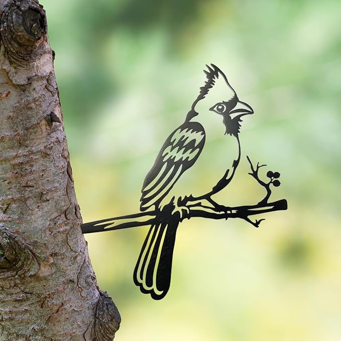 Metal Bird Christmas Cardinal Garden Decor，Tree Decor Outdoor Metal Wall Art Large，Cardinal Gifts Figurine Unique Yard Art，Garden Silhouette ，Garden Sculptures and Yard Art