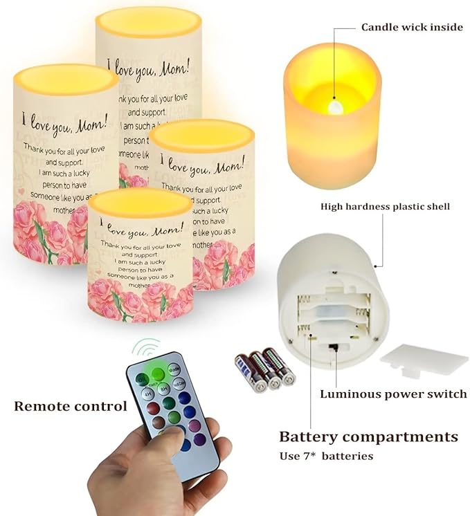 Mother's Day Flameless LED Battery Candles 4PCS Pillar Candles with 18-Key Timer Remote Colorful Light for Party Ornaments, I Love You Mom, Letter to Mother with Rose Print Candles Decor