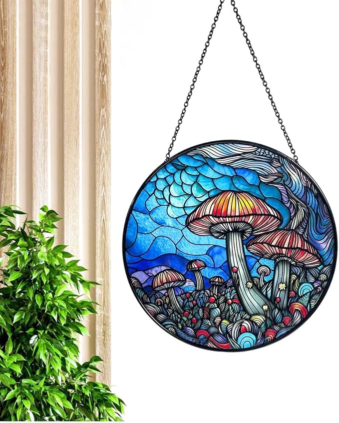 Stained Glass Window Hanging - 7.8‘’ "Enchanted Forest Mushroom Suncatcher for Home and Office Décor Sun Catcher Circular Artwork
