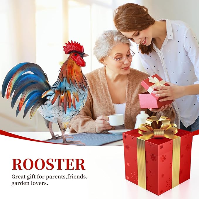Metal Rooster Decor Garden Statue,Yard Chicken Decorations Outdoor Sculpture for Backyard Patio Kitchen Lawn Ornaments,Birthday for Women Mom