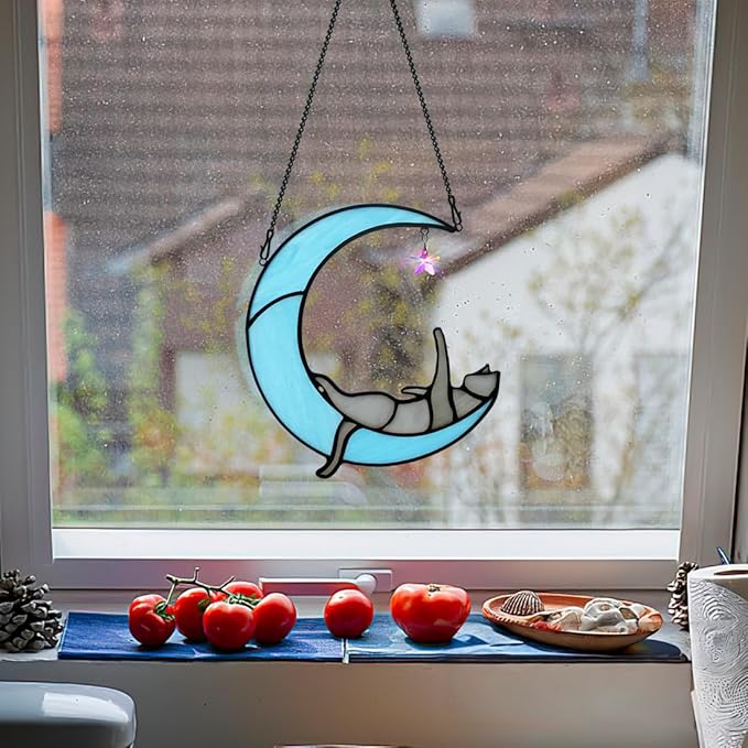 BOXCASA Colorful Crystals Star Cat Suncatchers for Window,Gray Cat Stained Glass Window Hanging,Funny Cat Moon Decor,Cat Gifts for Cat Lovers,Women Mom Grandma Aunt Friend