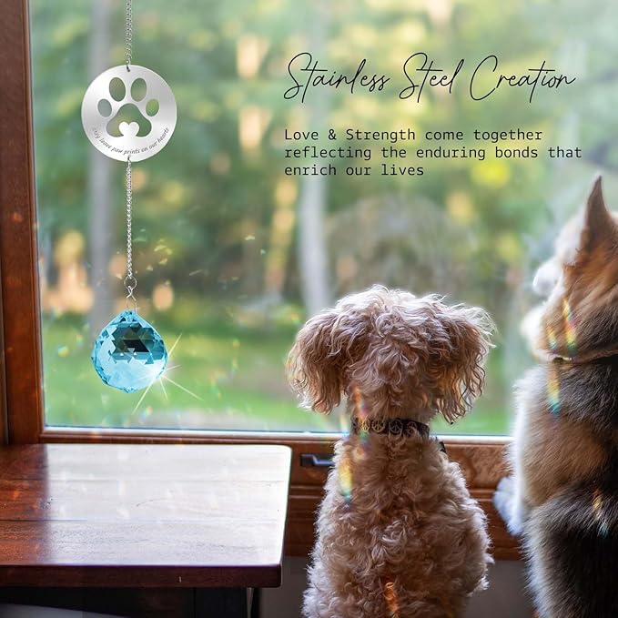 Dog Memorial Gifts, Unique Loss of Pet Sympathy Idea, Sky Blue Crystal Ball Rainbow Suncatcher with Paw Print for Cat or Dog Remembrance and Bereavement