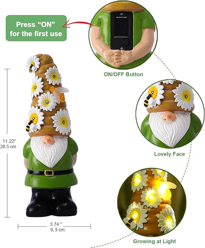 Solar Gnome Garden Statue for Decor: Outdoor Figurines Sculpture with Lights and Bee for Lawn Patio Yard Balcony - Gifts for Mom Women