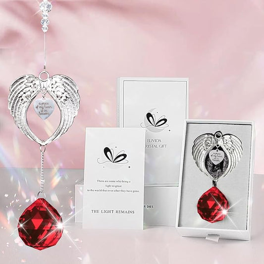 Sympathy Gift Modern Grief Gift for Lose of Loved Ones, Memorial Suncatcher with 40mm Crystal Ball, Sorry for Your Lose Rainbow Maker, Bereavement Gift Idea Angel Wings Design, Red