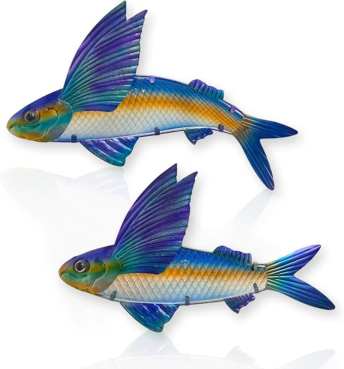 LIFFY Metal Fish Wall Decor -Outdoor Metal Fish Wall Decor - Indoor Art Sculpture - Hanging Decorations for Home, Garden, Bedroom, Sculptures, Ocean, Pool(Flying Fish Set 2,15 inch)