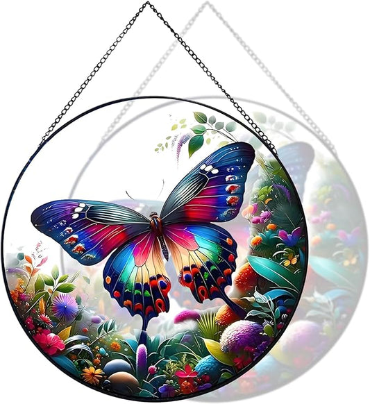 RIVEENY Butterfly Stained Glass Window Hangings, 8" Monarch Butterfly Hanging Stained Glass for Windows, Sun Catcher Garden Hangings Christmas Mother's Day, Valentine's Day Ornaments Festival Gift