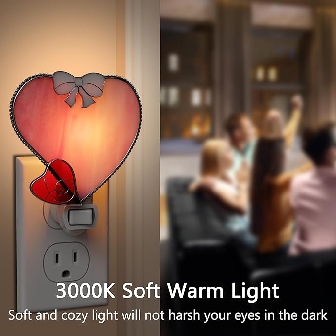 KY&BOSAM Plug in Pink Heart Night Light Stained Glass Nightlight Decorative Wall Night lights with On/Off Switch Come with 7 Watt Bulb Mother`s Christmas Valentine`s Holiday Spring & Winter Home Decor