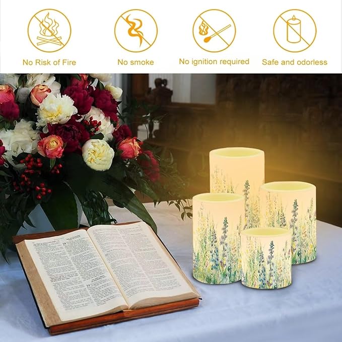 Flameless Candles Battery Powered LED Candles with Remote Timer Color Changing Control for Indoor Outdoor Home Table Beach Wedding Decoration Set of 4, Blue Green Floral