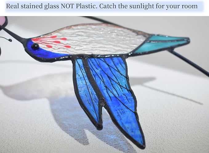 Lolitarcrafts Hummingbird with Flower Stained Glass Suncatcher Bird Stained Glass Window Hangings Hummingbird Gift for Home Decor (Blue with Flower)