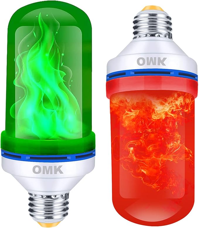 OMK - LED Christmas Decorations Flame Effect Light Bulbs - Upgraded 4 Modes Two-Tone Fire Simulated Lamps - Holiday/Christmas Gifts/Party/Indoor/Outdoor Decoration Lights (2Pack)
