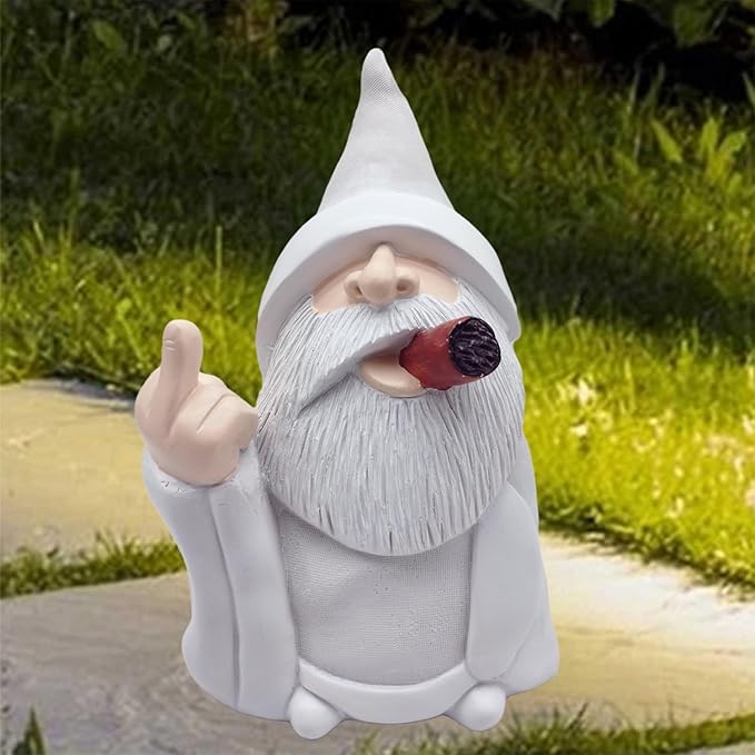 MINICAR 8'' H Funny Middle Finger Gnomes Statues Outdoor Decor, Naughty Smoking Wizard Sculptures Garden Yard Lawn Decorations, Unique Paintable Gifts
