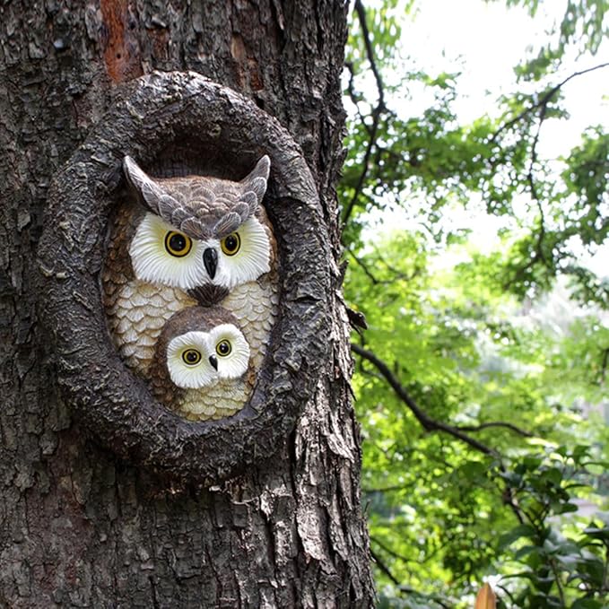Owl Tree Hugger Whimsical Tree Sculpture Garden Statues Outdoor Tree Face Decor Garden Peeker Yard Art Decorations (Mom and Baby Owl)