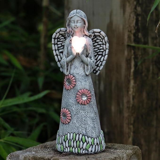 Solar Angel Garden Statue,Garden Angel Figurines,Solar Garden Sculpture with Resin Angel Decor for Patio Lawn Yard Porch Decorations,Housewarming Garden Gift,10.03inch