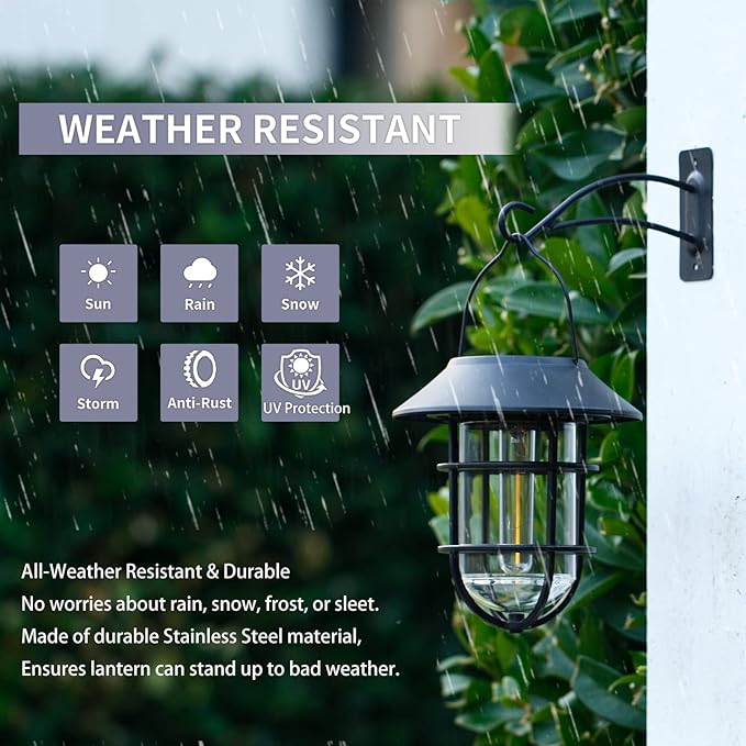 Solar Outdoor Hanging Lights, Waterproof Metal Solar Lanterns with Clear Glass, LED Edison Bulbs Decorative Wall Lanterns with Hooks, No Wiring Required, 2 Pack