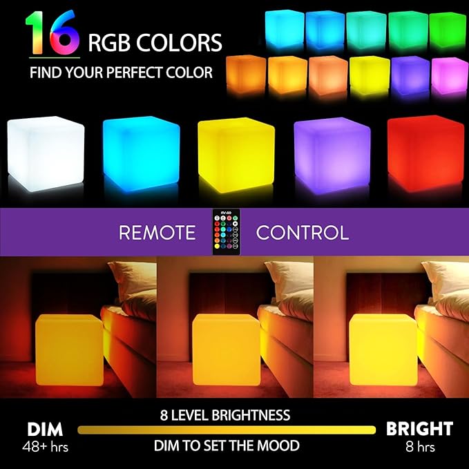 Mr.Go 16-inch Rechargeable LED Cube Chair Light, 16 RGB Colors Glow Cube Seat w/Remote, Waterproof LED Cube Table, Color Changing Cube Floor Lamp, Home Bedroom Patio Party Decorative Lighting