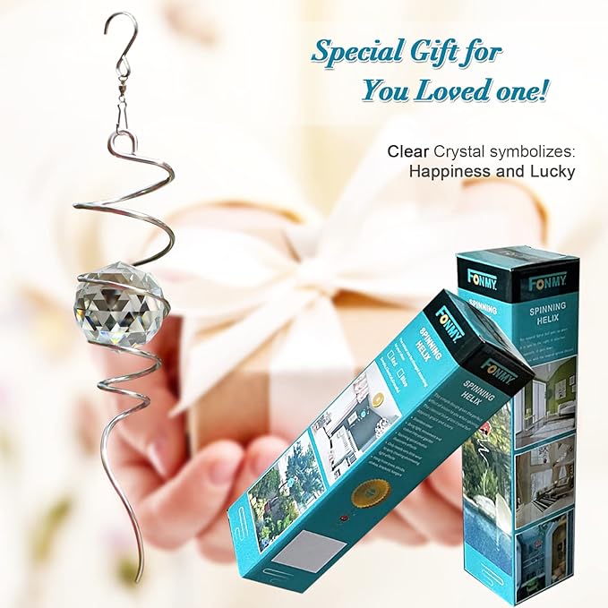 FONMY Gazing Ball Spiral Tail -Decorative Wind Spinner Sun Catcher 11 inch Tail and 2 inch Clear Crystal Orb. Indoor Outdoor Garden Decoration -13 inch Height