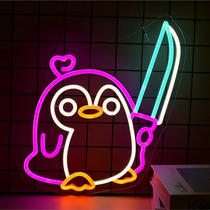 Penguin Neon Sign Dimmable Penguin Knife Neon Signs for Wall Decor LED USB Powered Cute Anime Neon Light Sign For Boys Bedroom Room Garden Party Restaurant Home Decoration Birthday Gifts