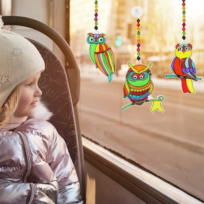 Winlyn 24 Sets Owl Suncatchers Ornaments Decorations DIY Window Paint Art Suncatchers Owl Craft Kits Sun Catchers for Kids Home Classroom Winter Holiday Season Fall Christmas Activities Party Favors