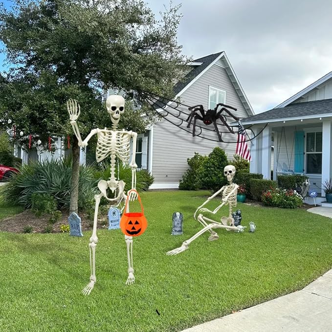 DINESIL 5.4ft/165cm Halloween Skeleton, Halloween Life Size Skeleton with Spider Pumpkin Bag, Full Body Human Bones with Movable Joints for Halloween Indoor Outdoor Haunted House Decorations