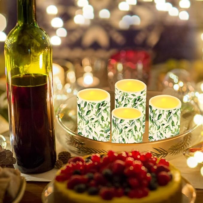Flameless Candles Battery Powered LED Pillar Candles Tealights with Remote Timer Color Changing Control for Indoor Outdoor Home Desktop Decor Set of 4, Green Leaf White
