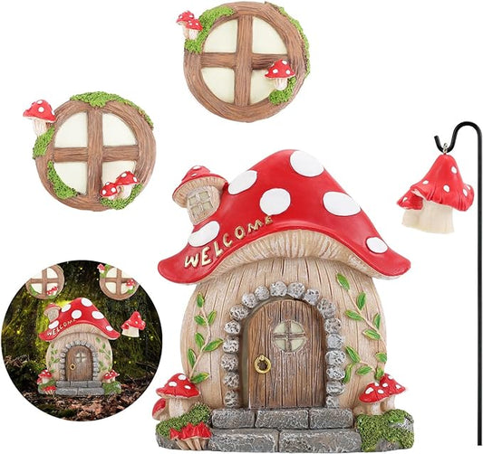 Miniature Fairy Garden Accessories Christmas Decorations Mushroom Fairy Door and Windows for Trees, Glow in The Dark Yard Garden Sculpture Lawn Ornament Outdoor Decor Accessories with Fairy Lantern