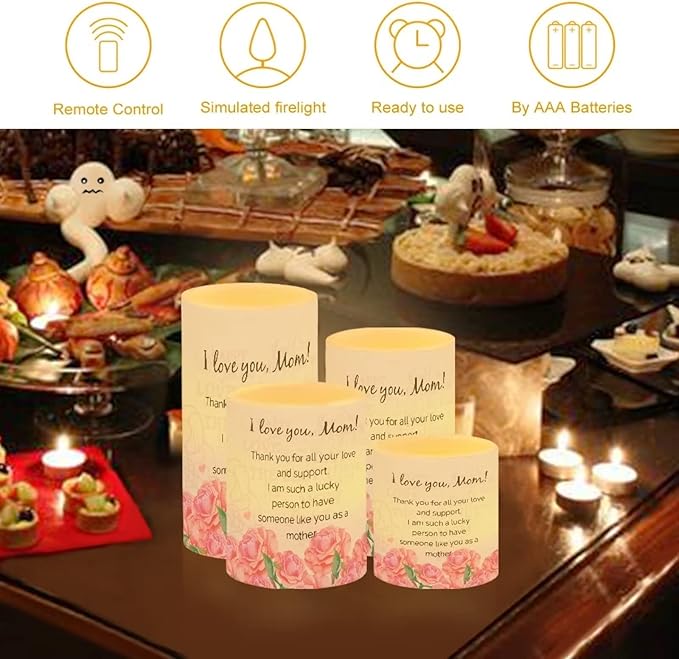 Mother's Day Flameless LED Battery Candles 4PCS Pillar Candles with 18-Key Timer Remote Colorful Light for Party Ornaments, I Love You Mom, Letter to Mother with Rose Print Candles Decor