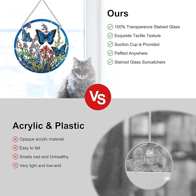 Lager Butterfly Suncatchers for Windows, Butterfly Stained Glass Window Hanging - 8.6 inch Sun Catcher for Window, Butterflies Decor with Hook - Suncatchers Birds Window Hangings Gifts for Mom