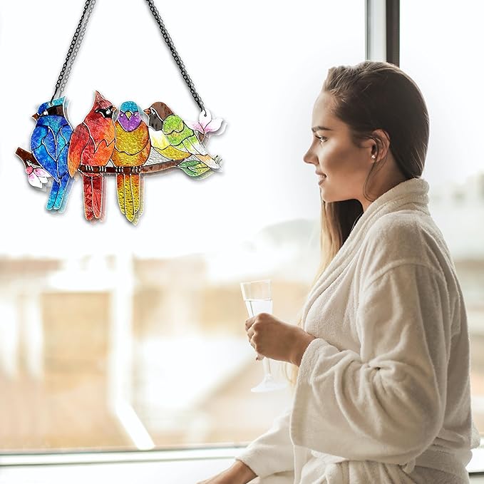 Stained Glass Window Hanging - Birds on A Branch Suncatcher for Window Doors Home Decoration, Valentine's Day Mother's Day Birthday Bird Lover Gifts for Women, Men, and Mom Grandma