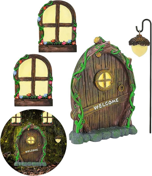 Miniature Fairy Garden Accessories Fairy Door and Windows for Trees, Glow in The Dark Yard Garden Sculpture Lawn Ornament Mini Garden Art Outdoor Decor Accessories with Lantern