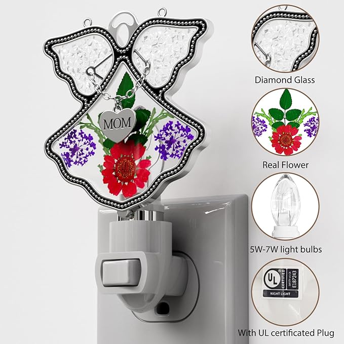 KY&BOSAM Night Light Mom Stained Glass Angel Night Lights Plug Into Wall with Real Flower in Glass and Metal Charm Night Light for Nursery Bedroom Bathroom Decorative Accent Lite Elegant Home Decor