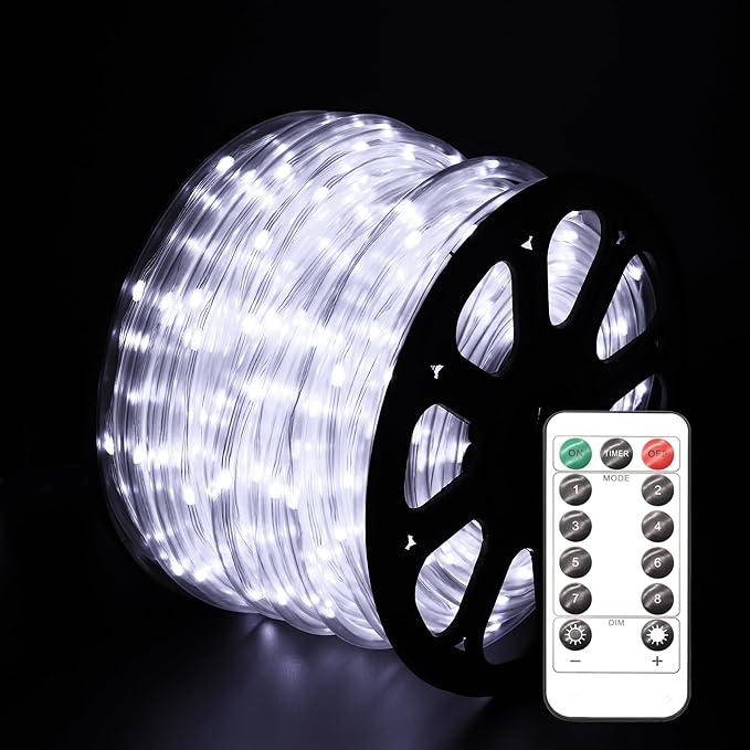 LED Rope Lights for Outside 100Ft Waterproof Rope Lighting 429 LEDs 110V 8 Modes Remote Control Timer Christmas Rope Lights for Indoor Outdoor Party Holiday Garden Decoration (White)
