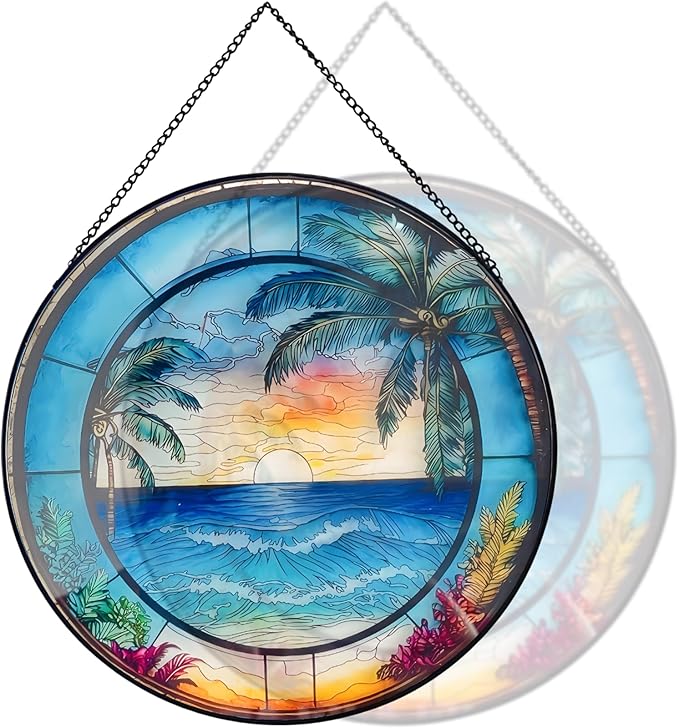 RIVEENY Blue Ocean Sunset Glass Window Hanging Decor,8" Stained Glass Sun Catcher Hanging Decoration with Metal Chain-Sun Catchers for Window Decor Outdoor Garden Decor Gift (Oceans)