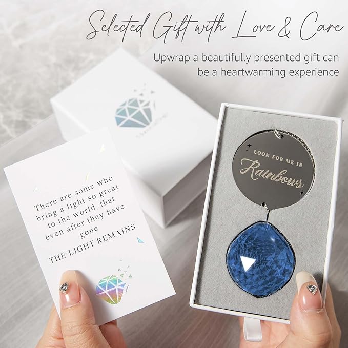 Memorial Gifts for Loss of Loved One, Unique Sympathy Gift Idea Navy Blue Crystal Ball Window Suncatcher, Rainbow Bereavement Grief Gift Box for Loss of Mom Dad Husband Son Daughter