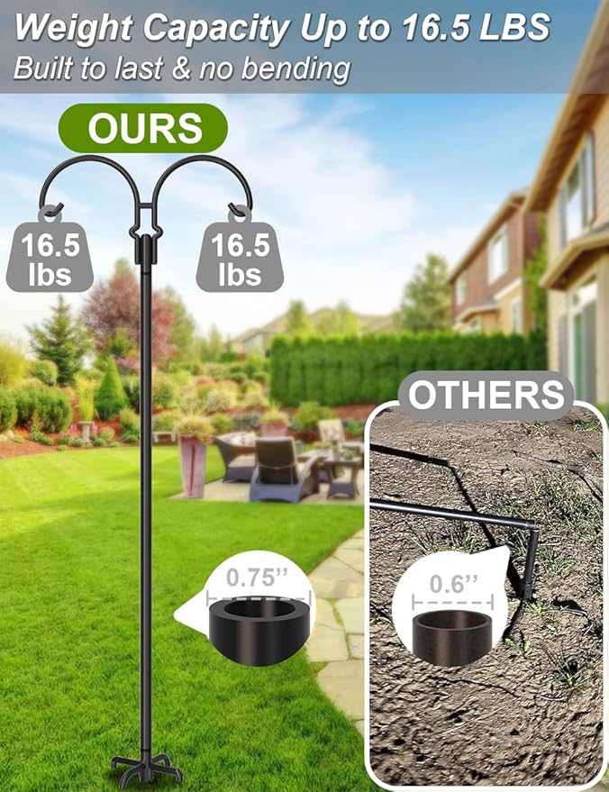 Outdoor Double Shepherds Hook with 5 Prong Base, 60 Inch Adjustable Heavy Duty Two Sided Bird Feeder Pole Stand for Hanging Plant Baskets, Solar Light Lanterns, Hummingbird Feeder, 1 Pack