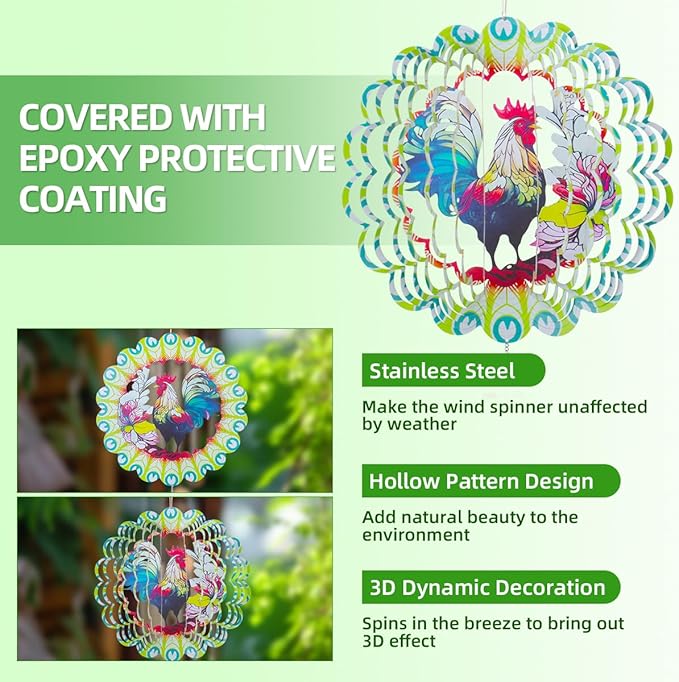 Wind Spinners Outdoor, FACIACC Rooster Metal 3D Hanging Garden Decor, 12-inch Stainless Steel Wind Spinner with Tail Spinner, Wind Sculptures for Indoor Patio Lawn Yard, Ornament Gift for Women/Men