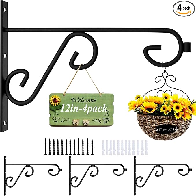 Plant Hanger Hook 4 Pack Hanging Basket Hooks,12in Metal Plant Wall Hanger,Plant Bracket Hook for Hanging Flower Baskets,Outdoor & Indoor Plant Hook Black