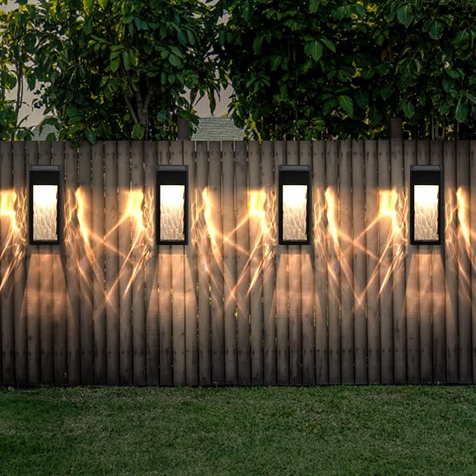 Metal Solar Lights Outdoor, 4 Pack Textured Glass Solar Fence Lights, Solar Wall Lights Outdoor Waterproof, Fence Lights Solar Powered for Yard Porch Patio Garden Decor (Warm/Color Changing)