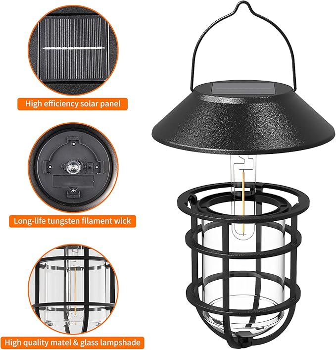 Solar Outdoor Hanging Lights, Waterproof Metal Solar Lanterns with Clear Glass, LED Edison Bulbs Decorative Wall Lanterns with Hooks, No Wiring Required, 2 Pack