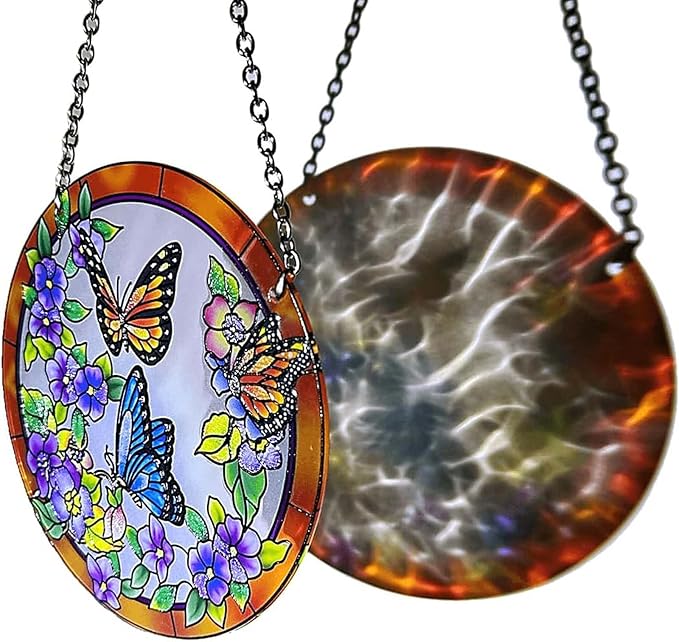 Butterfly Stained Glass Suncather Window Hangings, Colorful Flower Suncatchers 6 inch Colorful Glass Panel Sun Catchers Pretty Gifts, Decoration for Home Garden Christmas Party Wedding